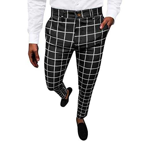 Mens Plaid Suit Pants Slim Fit Skinny Tapered Leg Checkered Pencil Pants Flat-Front Comfort Stretchy Chino Golf Pants Casual Business Work Commute Pants with Pockets