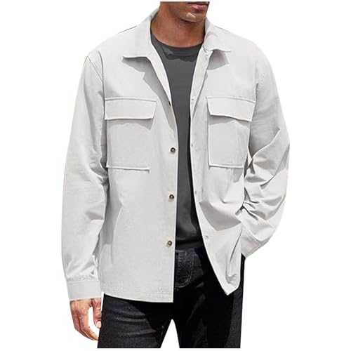 Men's Casual Shirt Jacket Lapel Thin Solid Cotton Linen Shacket Lightweight Work Coat Button Overshirt Mens Lightweight Safari Jackets Long Sleeve With Chest Pocket Shirts Top Sale