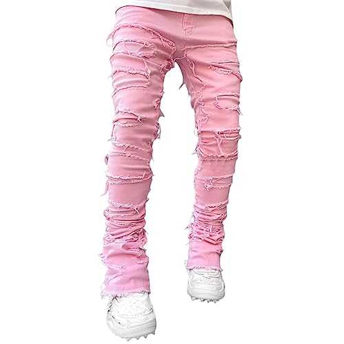 Kodaruber Mens Stacked Jeans Slim Fit Ripped Skinny Stretch Jeans Distressed Straight Denim Pants Hip Hop Trousers Streetwear
