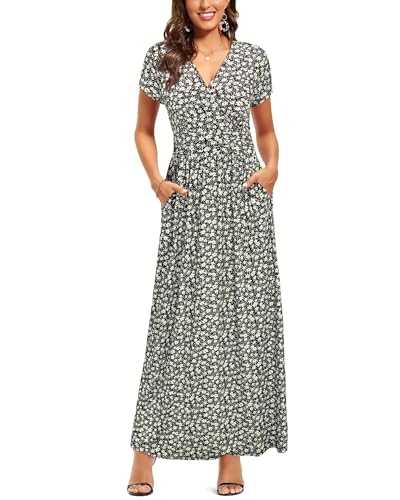 OUGES Women's Summer Spring Maxi Dress V Neck Short/Long Sleeve Ladies Casual Long Wrap Dress with Pockets