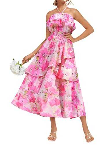 GRACE KARIN Women Floral Off The Shoulder Maxi Dresses Strapless Halter Neck Tiered Ruffle Casual Dress for Summer Wedding