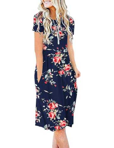AUSELILY Women's Summer Short Sleeve Dress Knee Length with Pockets Casual Pleated Empire Dress Flare Swing T-Shirt Dresses