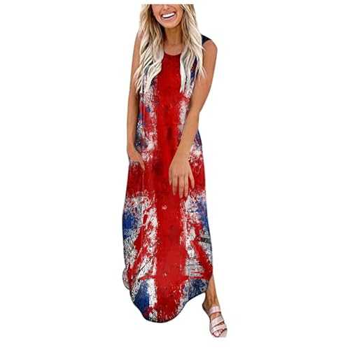 NNGOTD Boho Dresses for Women UK, Women Casual Loose Long Dress Sleeveless Split Maxi Dresses Summer Beach Dress with Pockets A-line Plus Size Dress Ladies Beach Dresses Sundress Tunic Dress
