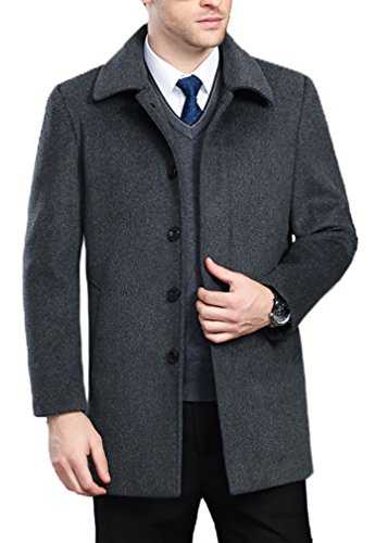 FASHINTY Men's Classical Bussiness Style Turndown Collar Wool Coat #00237 - Gray -