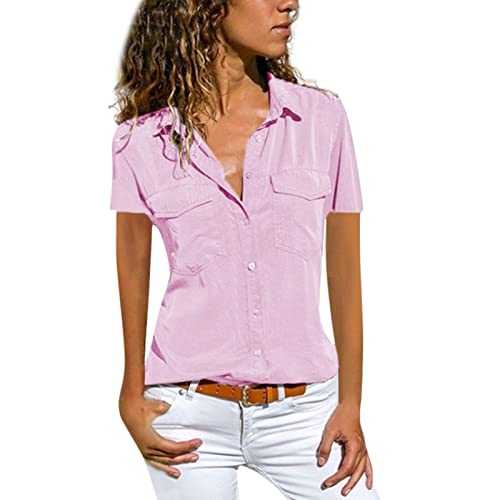 Skang womens blouse Women Casual Solid Short Sleeve Turn Down Collar Pockets Buttons Shirt Tops ladies t shirts