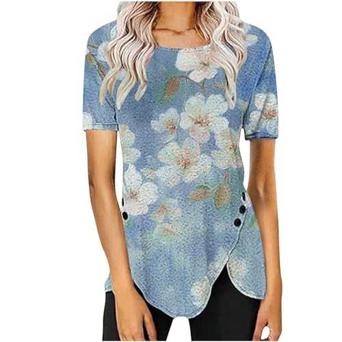 Womens Blouses Casual Short Sleeve Crew Neck T Shirts UK 2024 Fashion Irregular Button Hem Tunic Tops Vintage Tie Dye Floral Print Tee Shirts Ladies Elegant Clothes