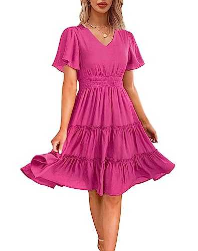Zattcas Women 2023 Spring Summer Dress Short Flutter Sleeve V Neck Smocked Waist Casual Flowy A Line Boho Tiered Midi Dress