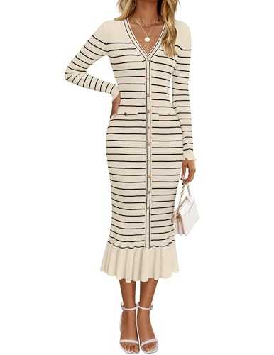 ZESICA Women's Long Sleeve Sweater Dress 2024 Fall V Neck Striped Button Slim Fit Bodycon Knit Winter Dresses