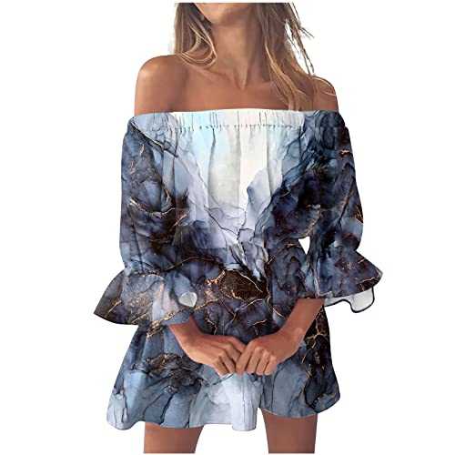 Summer Dresses for Women 2023 Party Elegant Sexy Casual Off Shoulder Printing Bell Sleeve Dresses Ladies Trendy Tunic Dresses Activewear Dresses for Vacation Cocktail Formal Work Wedding