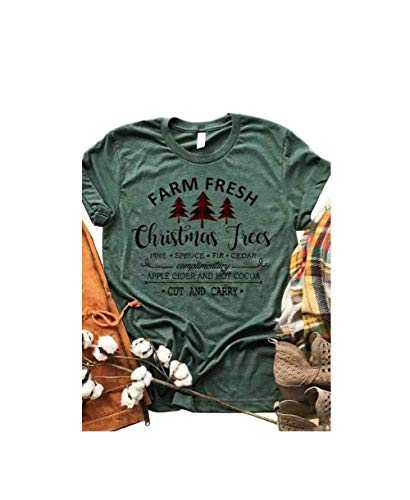 Women Farm Fresh Christmas Trees T Shirt Vintage Pine Spruce Fir Cedar Graphic Tees Funny Letter Print Tops Blouse - Green - Medium