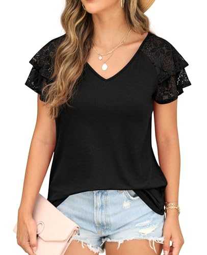 QIXING Women's Summer Blouses Double Lace Ruffle Short Sleeve V Neck Tops Loose Casual Tunic T-Shirts for Women UK