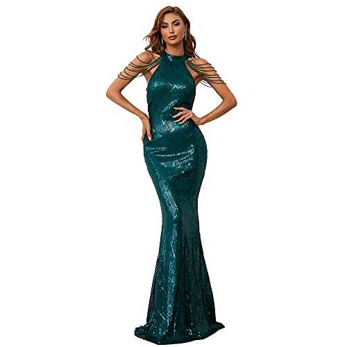 Miss ord Women's Formal Halter Sequin Tassel Bodycon Maxi Prom Dress, Elegant Mermaid Evening Gown