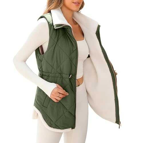 duxyoz Puffer Gilet Womens Fleece Lined Warm Quilted Gilet Winter Jacket Vest Plush Padded Gilet Casual Loose Zip Up Sleeveless Waistcoat Ladies Bodywarmer Solid Color Stand Collar
