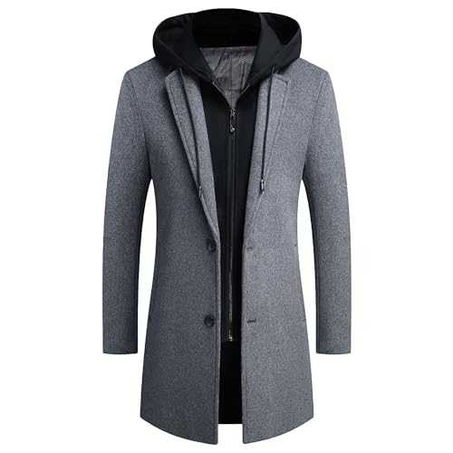 Maiyifu-GJ Mens Wool Blend Hooded Trench Coat Winter Long Single Breasted Pea Coat Classic Stylish Business Overcoat