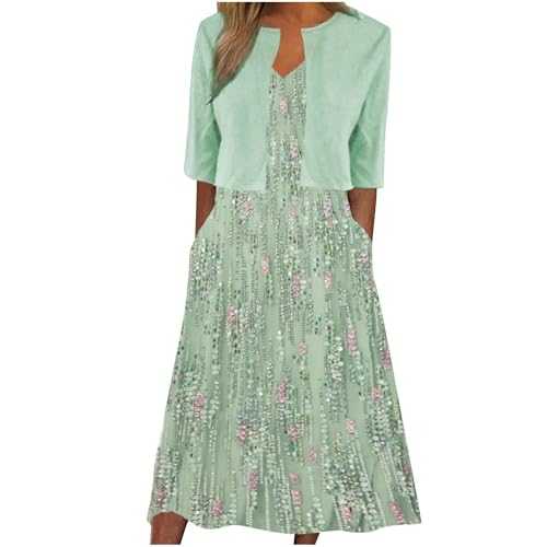 Summer Dress Two-Piece Warehouse Clearance Maxi Dresses for Women UK, Printed V-Neck Elegant A Line Bohemian Dress and Half Sleeve Cardigan Tops Set Fashion Soft Casual Sundress