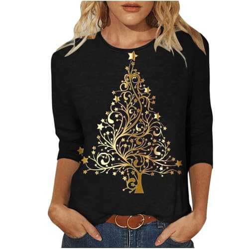 Merry Christmas Tops Novelty Women Glitter Xmas Graphic Sweatshirts Ladies Christmas Tree Print 3/4 Sleeve Crewneck Tops Holiday Festive Jumpers Casual Loose Pullovers