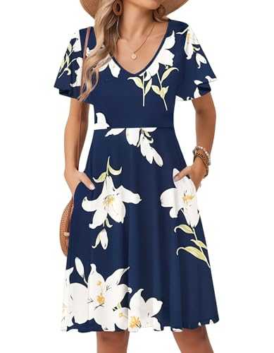 Zeagoo Women's Summer Dresses Short Sleeve V Neck Dress Casual Ruffle Sundress with Pockets Floral Beach Dress for Women UK