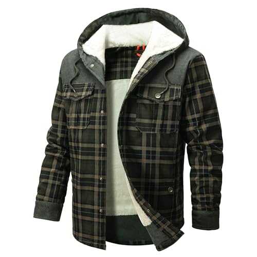 ozkzdp Men Thermal Fleece Lined Plaid Hood Flannel Shirt Jacket Winter Quilted Lined Coats Thick Hoodie Outwear