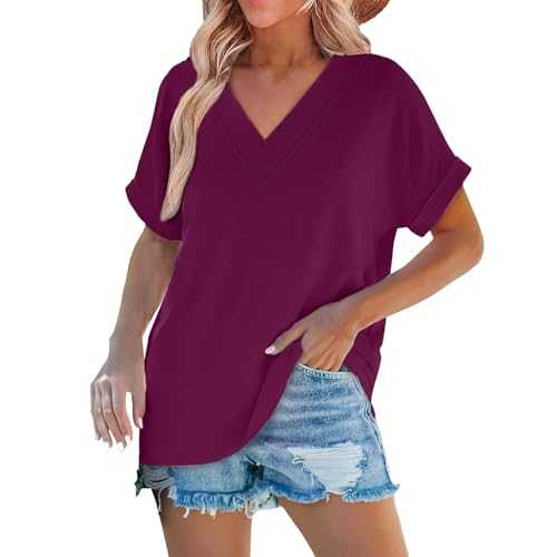 Womens Tops Short Sleeve Shirts 2025 Fashion V Neck Outfits Clothes Polyester Long Sleeve