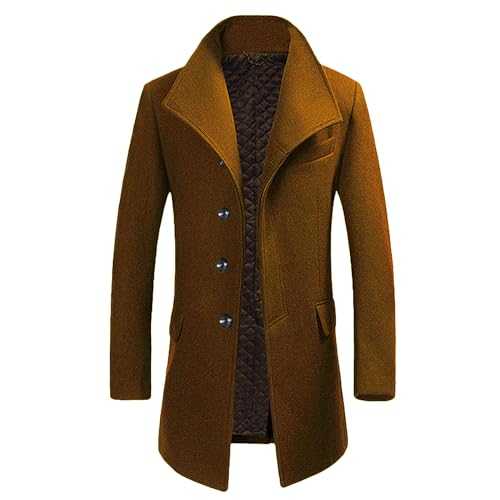Mens Winter Wool Trench Coat Mid Length Slim Fit Casual Stand Collar Overcoat