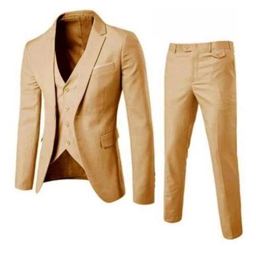 GHHZML Suits Men Suit Slim 3 Piece Business Wedding Party Jacket Vest Prom Suits For Men Slim(Khaki-1,XL)