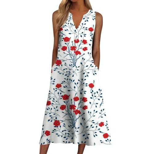 HOOUDO Women Summer Sleeveless Dresses Loose Crew Neck Beach Dresses with Pockets 2024 A Line Tank Dresses Vintage Cute Shirt Dresses Sun Dress Ladies Skater Boho Dresses