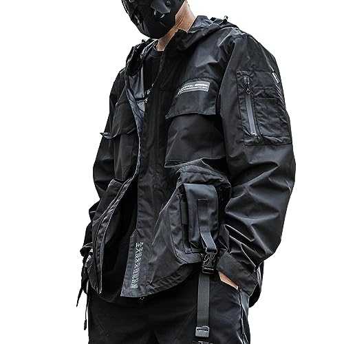 XYXIONGMAO Streetwear Hooded Black Jacket Techwear Windbreaker Cyberpunk Tactical Cargo Streetwear Jacket Bomber Jacket Men