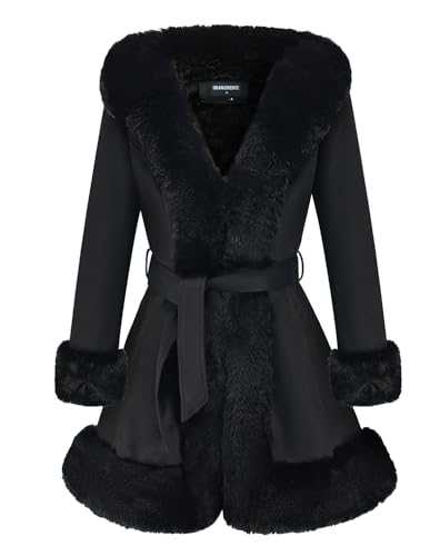 GRAN ORIENTE Women's Faux Leather Jacket with faux fur coat Collar Long Sleeve Parka with Pockets Warm Winter Coat with Belt