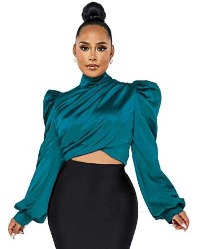 White Blouse for Women Puffy Long Sleeve Mock Neck Tops Satin Silk Shirts Work Blouses