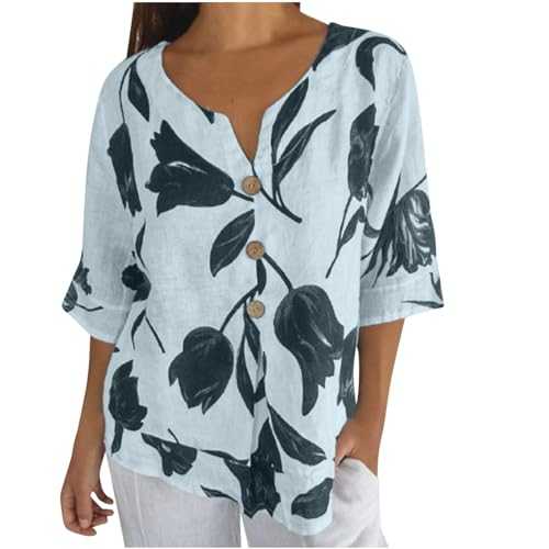 Womens Tops Button Down V-Neck Shirt Oversized 3/4 Sleeve Tunic Shirts Casual Going Out Loose Fitted T-Shirt Elegant Floral Print Lightweight Blouses Tops Daily Wear