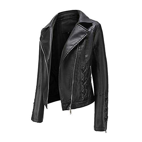 Womens Autumn Winter Retro Casual Solid Lapel Rivet Pleather Long Sleeve Crop Biker Coats Jacket With Pockets Womens Ladies Fashion Thin Zipper Faux Motorcycle Jacket Coat Overcoat For Women