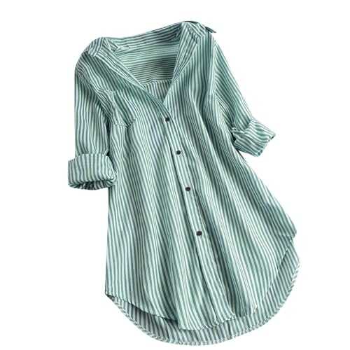 Striped Blouse for Women Sale Long Sleeve Button Down Shirt Lapel Casual Cotton Tops Classic Elegant Loose Cardigan Fall Winter Jacket Ladies Office Work Tee Shirts Tunic Top Plus Size 22