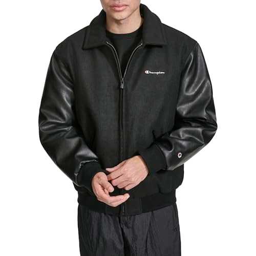 Champion Men's Letterman Varsity Bomber Zipper Closure Jacket with Faux Leather Sleeves