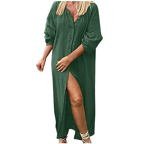 Maxi Shirts Dresses for Women UK Clearance Elegant Cotton and Linen Kaftan Dresses Plus Size Lantern Sleeve Long Dress Baggy Plain V Neck Casual Pullover Dresses Holiday Party Beach Dress S-5XL