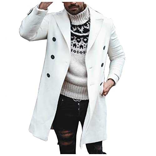 NC Premium Woolen Jackets for Men Winter Business Wool Blazer Gentlemen Trench Coat Slim Fit Double Breasted Notched Collar Long Jacket Pea Coat with Pocket White