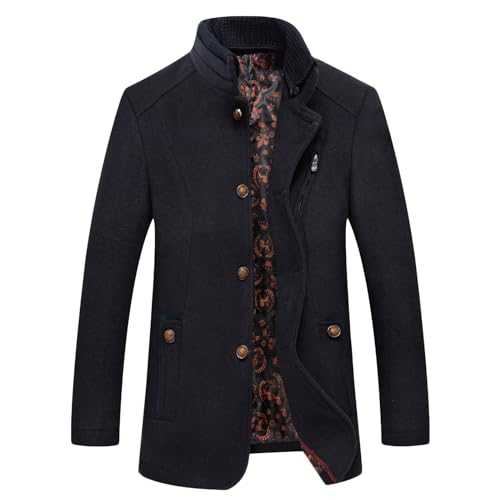 RLEHJN Mens Trench Coat Sale Clearance Winter Jackets Single Breasted Wool Coat Lightweight Windbreaker Floral Lined Warm Coat Stand Collar Business Overcoat Outdoor Windproof Outwear with Pockets