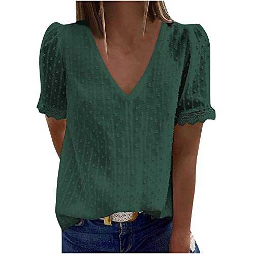 Summer Tops for Women Sale,Fashion Ladies Casual Solid Short Sleeve V-Neck Lace T-Shirt Blouse Tops Plus Size UK