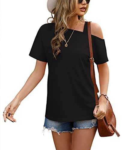 JINKESI Women's Short Sleeve Tunic Tops Casual Summer Cold Shoulder Blouse Shirts, A1 Black, L