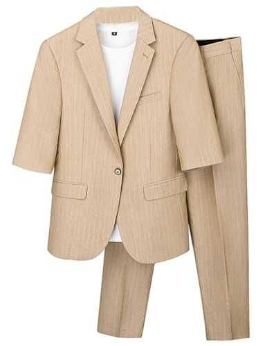 Yaflonjaa Men's Stripe Suit 2-Piece One Button Short Sleeves Jacket and Pants for Business Activity Homecoming