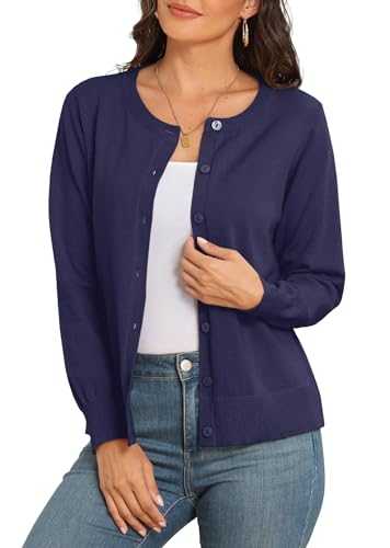 PrinStory Cardigans for Women Crewneck Knit Casual Cardigan Jumper Button Down Classic Knitwear Tops
