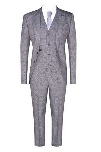 Mens Grey 3 Piece Suit Prince of Wales Check Classic Tailored Fit Wedding Suit