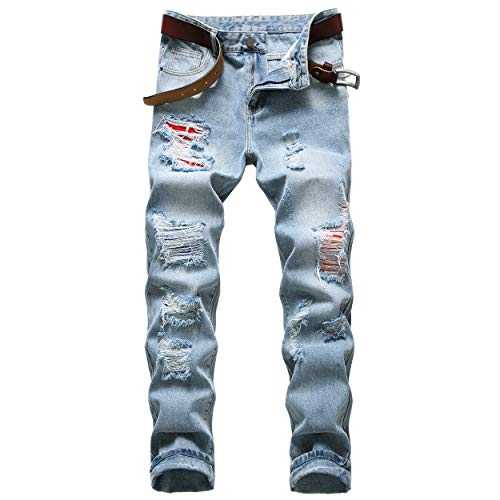 COOSVEN Men's Ripped Skinny Slim Fit Straight Leg Jeans Pants - Blue - 38