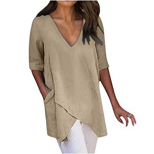 Keepink Women's Summer Top Casual Short Sleeved Shirts Oversize V Neck T Shirt Plain Linen Tshirts Ladies Smart Elegant Blouses and Plus Size Tops Pockets Long T-Shirts for Leggings
