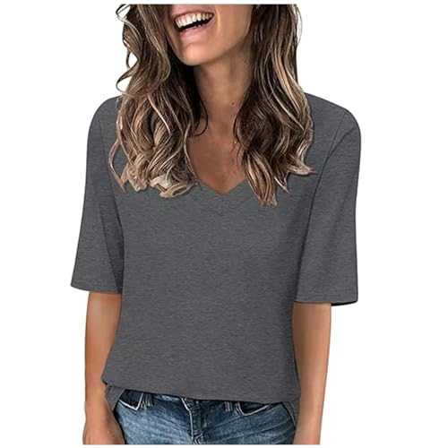 Clazshciyㅤ Tops for Women UK Loose Casual V Neck Womens T Shirts Solid Color Half Sleeve Ladies Tops Stretch Cotton Dressy Plain Blouses & Shirts Elegant Soft Wear for Office Lounge