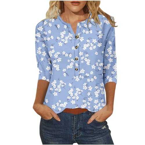 Women's Blouses & Shirts UK Sale Clearance, V Neck T Shirts for Women Elegant Floral Printed 3/4 Sleeve Pleated Tunic Tops Summer Tee Tops Casual Button Up Swing Tops Size 8-18