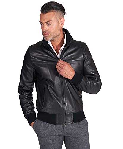 Men's Black Bomber Leather Jacket Moto Genuine Leather Made in Italy 107