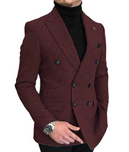 HSLS Men's Double-Breasted Herringbone Slim Fit Men Suit Tweed Wool Jacket Smart Wedding Blazer