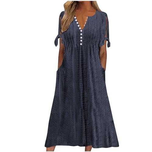 Women's Half Sleeve V Neck Lace Trim Cotton Linen Maxi Dresses Summer Loose Beach Dress for Women with Pockets