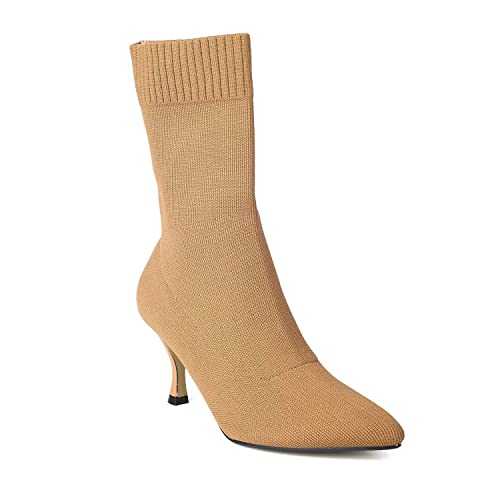 ComeShun Low Kitten Heel Mid Calf Boots Classic Elastic Knit Upper Slip On Booties