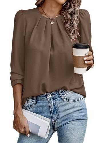 Samefar Womens Tops Dressy Casual Pleated Crew Neck Long Sleeve Shirts Office Work Chiffon Blouses